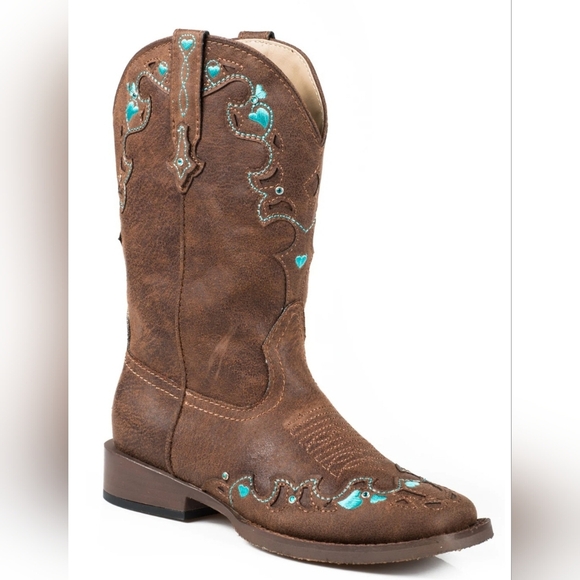 LITTLE GIRLS BROWN VINTAGE ROPER BOOTS WITH TURQUOISE EMBROIDERY AND CRYSTALS - Picture 8 of 8